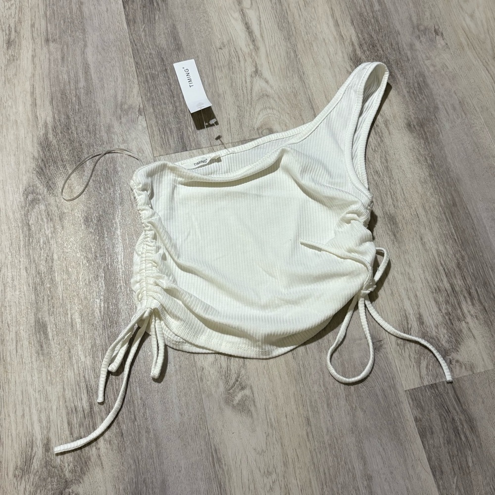 Timing One Shoulder White Rouched Tank Top NWT Large